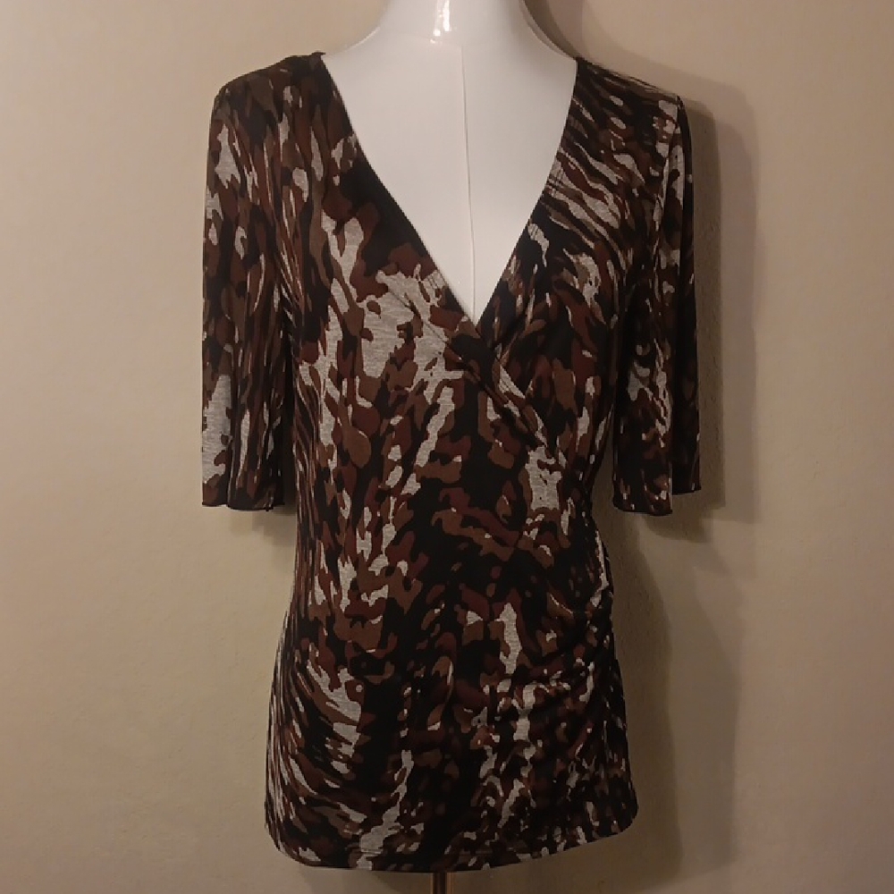 AB Studio Women's Abstract Print Wrap Style Blouse in Brown and Black